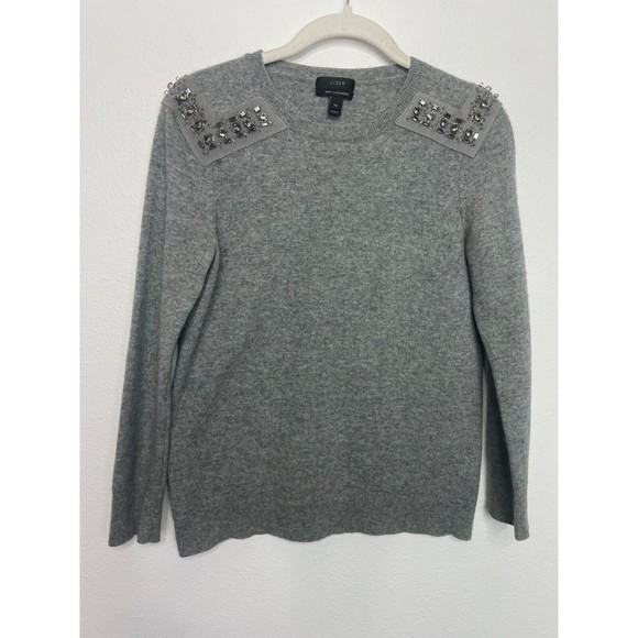 J. Crew  XS Sweater Gray Jeweled-Shoulder Cashmere Knit Pullover Crewneck - Picture 4 of 16